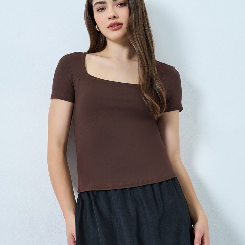 Chocolate Brown Square Neck Fitted Top Clean Girl Basic Stretch Tee L